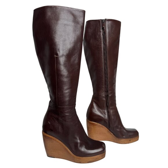 COSTUME NATIONALE UNIQUE VNT LEATHER/WOOD WEDGE BROWN BOOTS FALL Y2K EU36 - Picture 2 of 15